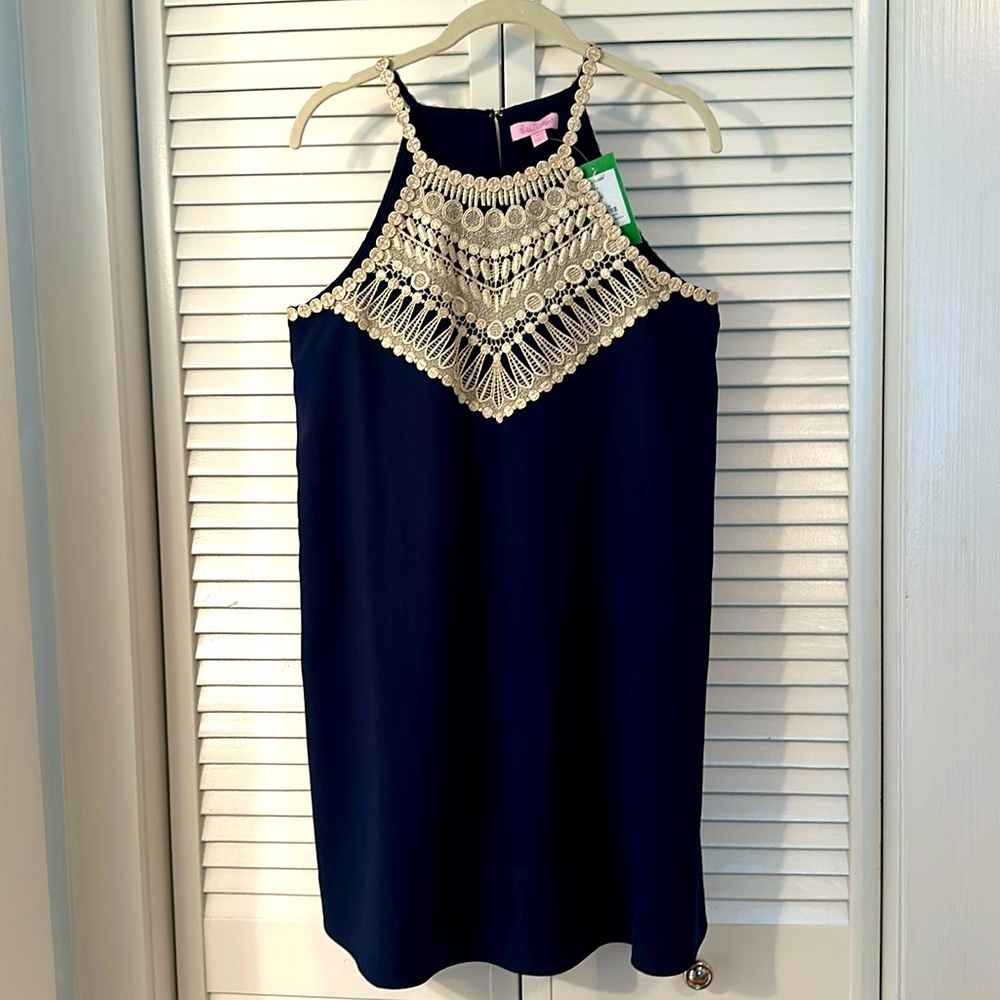 Lilly Pulitzer Pearl Shift Dress True Navy w/ Gold Lace Detailing Size 6 NWT
